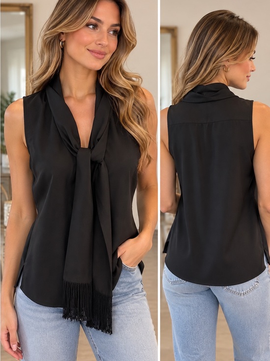 CAbi Tops - CAbi Black Sleeveless Tie-Neck Blouse with Fringe Scarf
